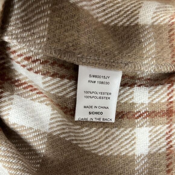 Love Tree Jacket Womens Small Tan Brown White Plaid Overshirt Shacket Fleece - Picture 7 of 11
